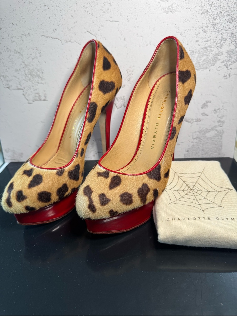Charlotte Olympia Calf Hair Pointed Red Platform Heels Pumps Stilettos, Size 37